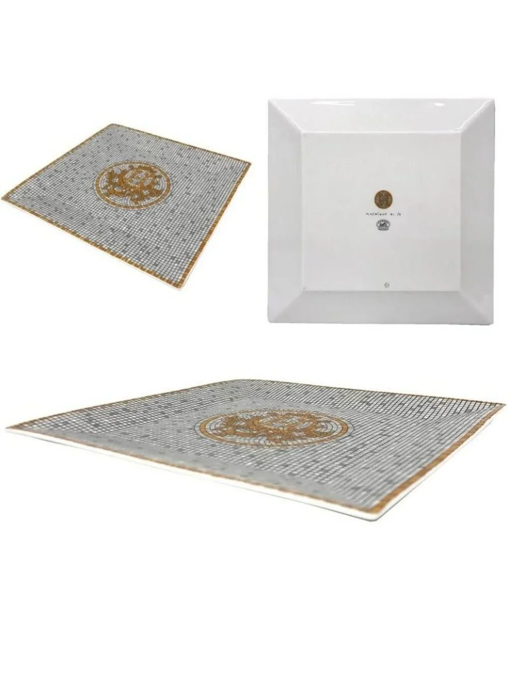 Hermes Mosaic Van Cattle Petit Carre Square Plate 15 Orange Silver